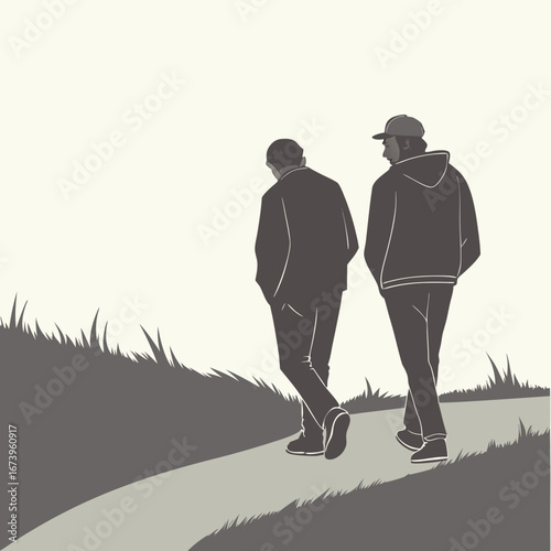 Vector art of two men walking together on a path in nature, seen from the back view