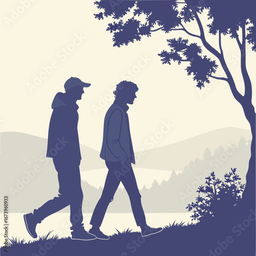 Vector art of two men walking on a hill under a tree in a nature landscape
