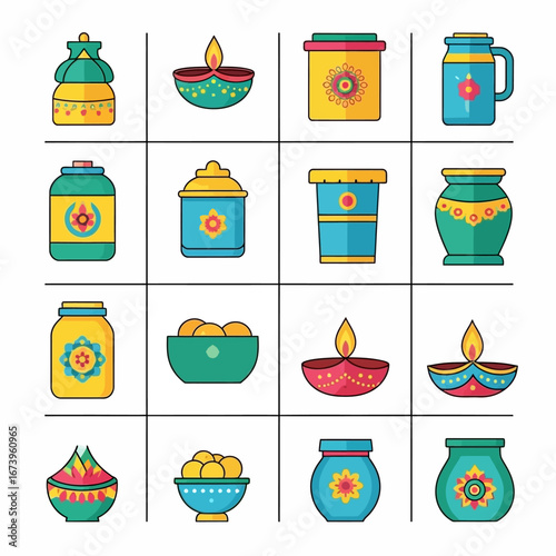 A vibrant collection of decorative Indian cultural elements, including illuminated diyas, colorful jars, and bowls filled with sweets, presented in a grid format.