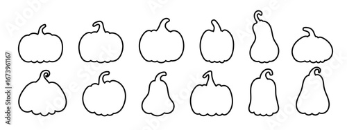 Black outlines of pumpkins, gourds, and squash – simple stylized shapes for fall, harvest festival, Halloween decor, and seasonal crafting projects.
