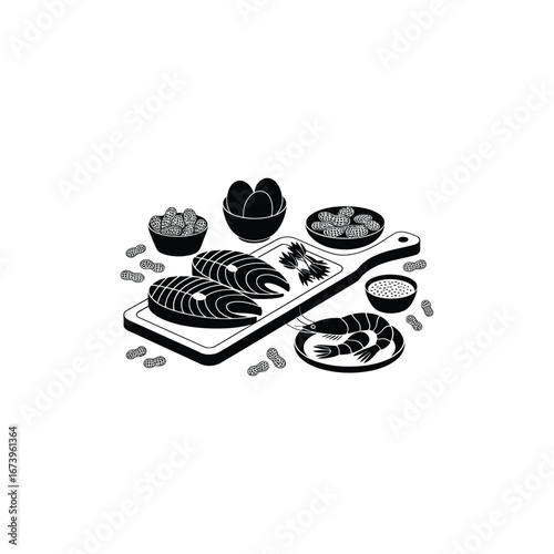 Black and white illustration of a seafood platter with lobster and shrimp served with dipping sauces