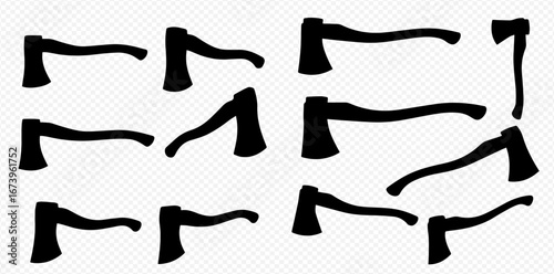 Collection of black silhouettes of axes with wooden handles, arranged on a white background.