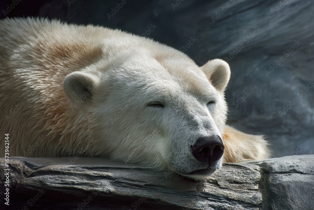 Fototapeta premium Sleeping Polar Bear. Resting White Mammal in Zoo Habitat