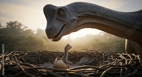 Fototapeta Naklejka Na Ścianę i Meble -  Mother Brontosaurus Dinosaur Caring for a Newly Hatched Baby in a Nest