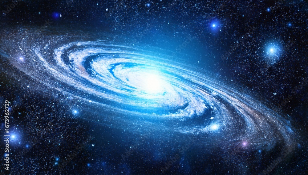 Obraz premium galaxy with a bright blue star at the center surrounded by cosmic elements in outer space