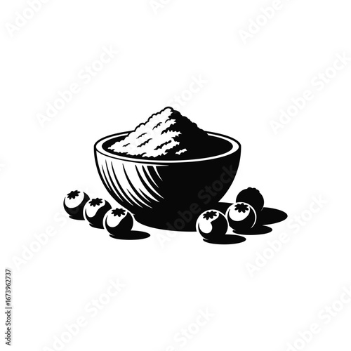 Hand drawn illustration of a wooden bowl filled with powdered spices and scattered berries on a white background