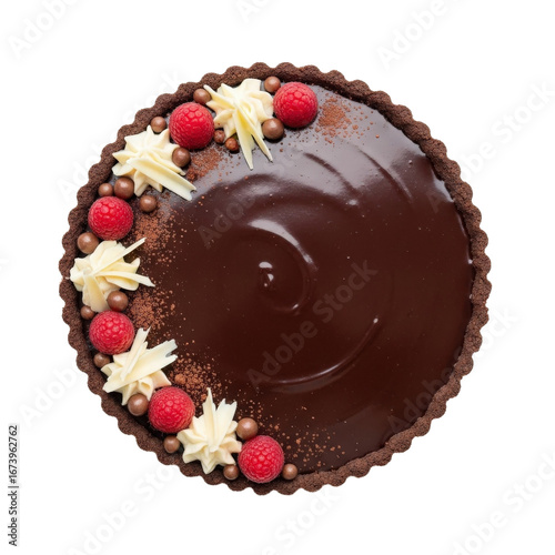Delicious chocolate tart decorated with fresh raspberries and white chocolate shavings on top