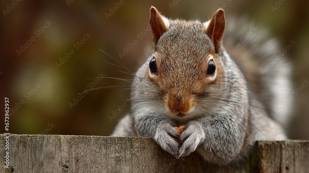 Fototapeta premium Squirrel On Fence. Close-up Portrait of a Grey Squirrel Eating Nuts