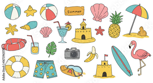 Hand-drawn summer themed elements isolated on white background illustration