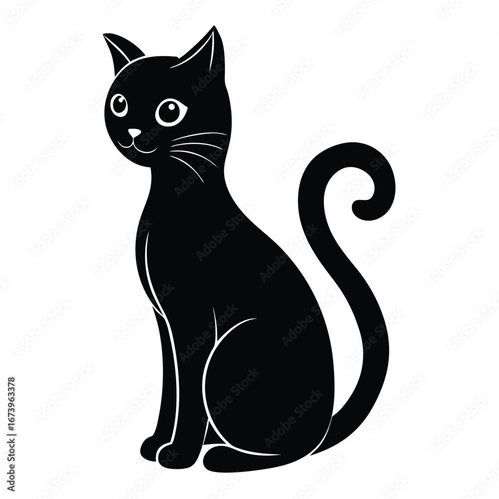 Obraz premium Black cat sitting with curled tail and white highlights