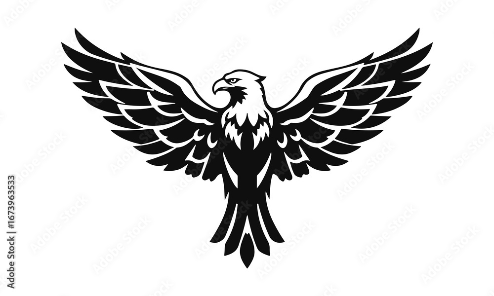 Fototapeta premium Eagle logo template. Black and white silhouette of an eagle with spread wings. Symmetrical and stylish logo, perfect for branding and emblems