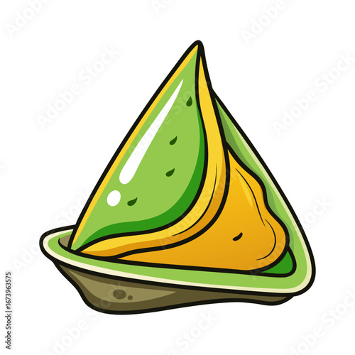 Delicious crispy samosa vector illustration with spicy green chutney dip, Indian street food snack design for restaurants, menus, posters, and branding
