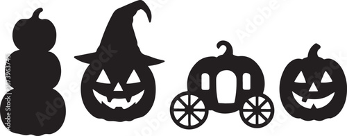 Pumpkin stack, jack-o’-lantern with witch hat, carriage, and candle-lit pumpkin silhouette design.