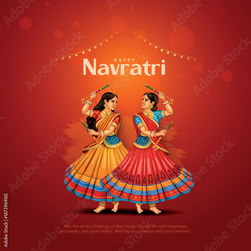 Navratri or Garba Night poster for Dussehra festival of India. Creative vector illustration design of peoples playing Dandiya dance.