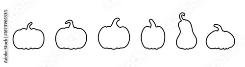 Collection of pumpkin and gourd outlines – minimalist black vector designs perfect for autumn decorations, Halloween graphics, and Thanksgiving art.