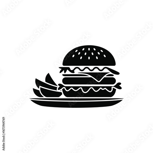 Classic american hamburger and potato wedges served on a simple plate in a black and white silhouette style