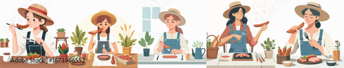 vector of female farmer eating sausage