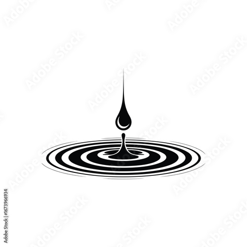 A single black water droplet creating concentric ripples on a white background