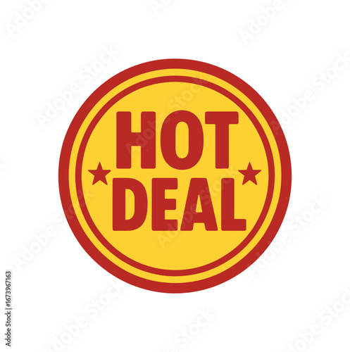 Round badge vector design text HOT DEAL bold font red and palette circular badge isolated on white