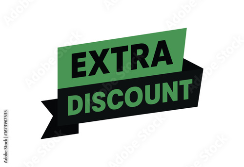 Flat vector banner design text EXTRA DISCOUNT bold geometric font green and black palette ribbon folded shape isolated on white