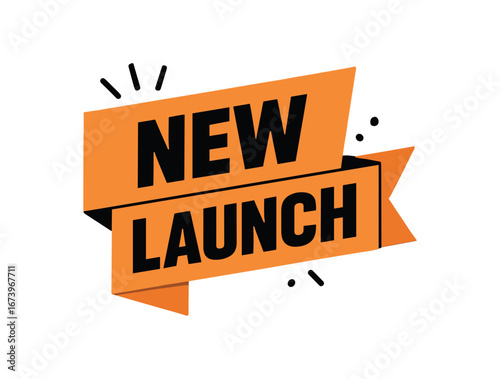 Flat vector banner design text NEW LAUNCH bold font orange and black palette folded ribbon badge isolated on white
