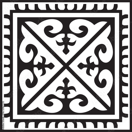 Vector black monochrome square Kazakh national ornament. Ethnic pattern of the peoples of the Great Steppe, Mongols, Kyrgyz, Kalmyks, Buryats.