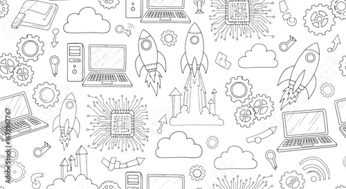 A Whimsical Doodle Pattern of Modern Technology