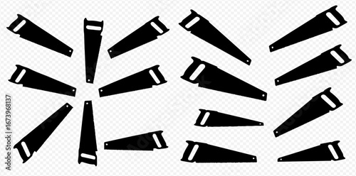 Black silhouette of hand saws arranged in a pattern on a transparent background.