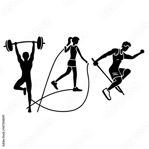 Athletes lifting weights jumping rope and running fitness