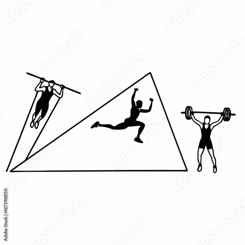 Athletes performing exercises with equipment and geometric shapes