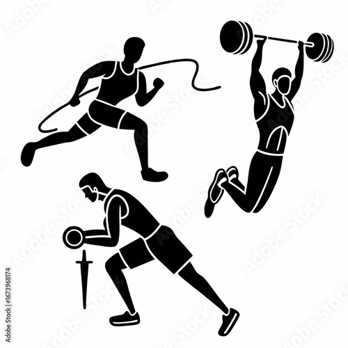 Athletes performing various sports activities weightlifting