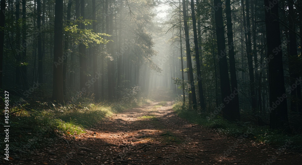 Fototapeta premium Forest path illuminated by sunlight