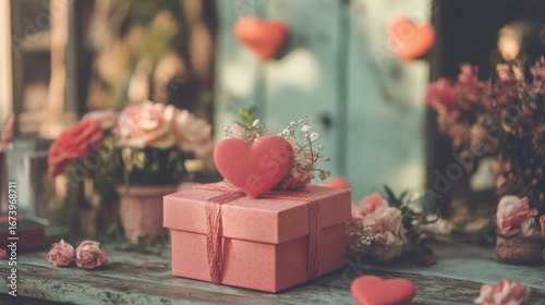 Greeting card design with a red heart gift box, bouquet