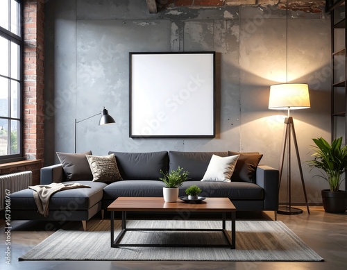 Industrial loft living room interior with gray sofa blank square frame mockup above wooden coffee table