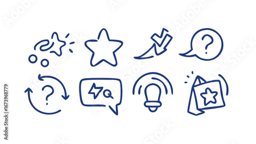 Blue doodle icons on white background star question mark