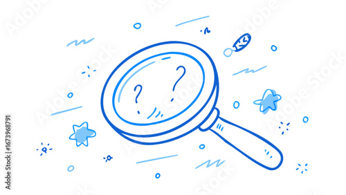 Blue doodle magnifying glass with question marks search
