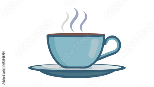 Blue teacup with steam and saucer hot drink beverage