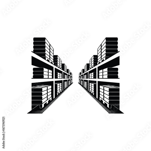 Perspective view of a warehouse aisle filled with stacked boxes on shelves