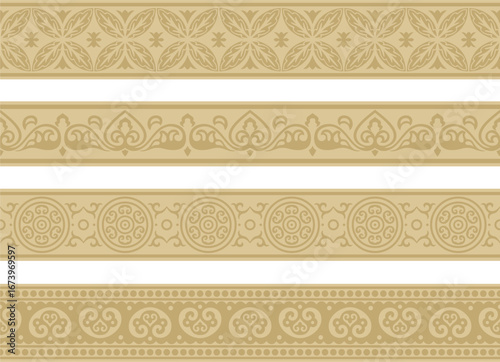 Vector endless golden ancient Russian ornament. Seamless Slavic border, frame. Painting of the royal chambers.
