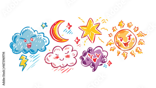Cartoon weather elements with faces icons moon