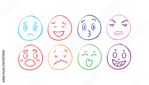 Colorful doodle faces expressing emotions emoji doodles
