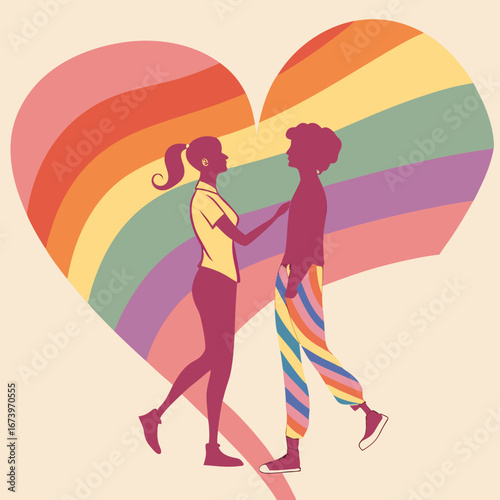 Vector art of silhouette of a lesbian couple in front of a rainbow heart shape