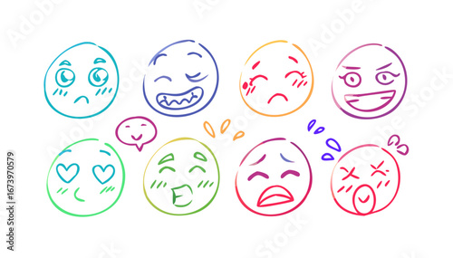 Colorful doodle faces expressing emotions emoji sketch