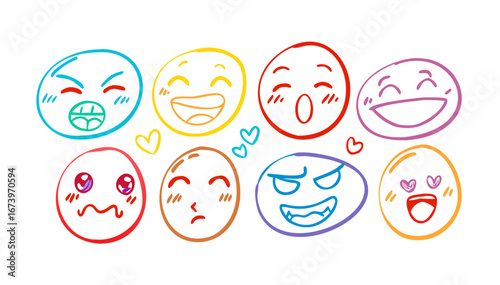 Colorful doodle faces with expressive emotions emoji