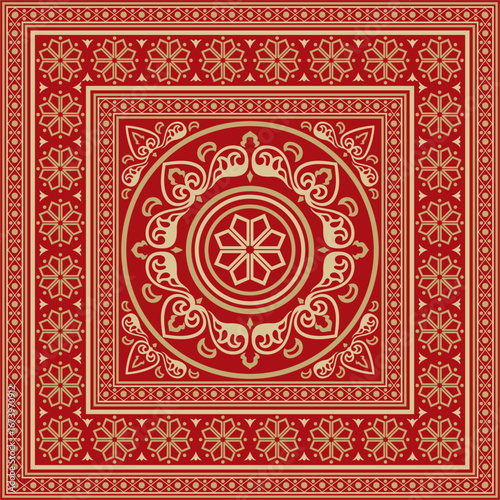 Vector square gold with red ancient Russian ornament. Slavic rectangle, border, frame. Painting of the royal chambers.
