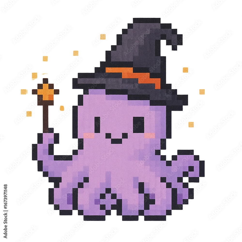 Fototapeta premium Cute Pixel Art Octopus Witch with Magic Wand