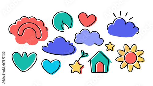Colorful hand drawn doodle elements illustration shapes