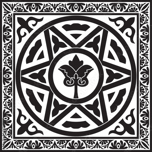 Vector black monochrome square stencil classic byzantine ornament. Rectangle, border, Ancient Greece, Eastern Roman Empire frame. Decoration of the Russian Orthodox Church
