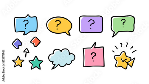 Colorful speech bubbles and stars with question marks
