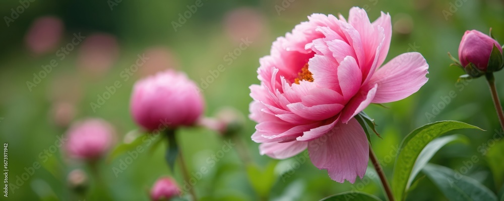 Fototapeta premium Soft pink peony flower blooms in garden. Rich green foliage surrounds delicate petals with ruffled edges. Buds unfurl, nature beauty in spring. Perfect for floral decor, gardening, natural themes.